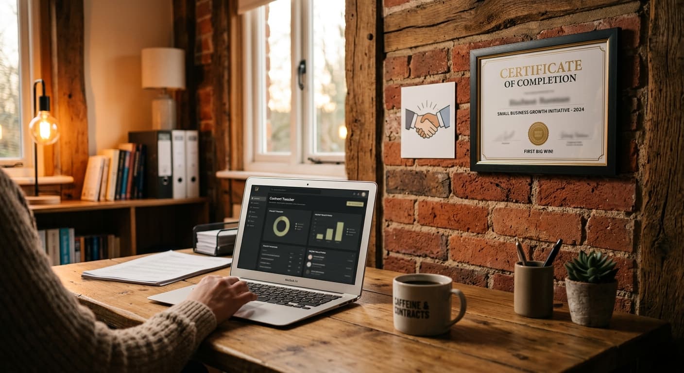 Small business owner reviewing federal contract documents at a desk